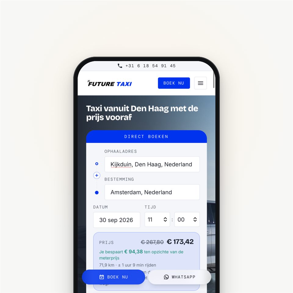 Future Taxi booking page on a phone, with the fare shown before booking