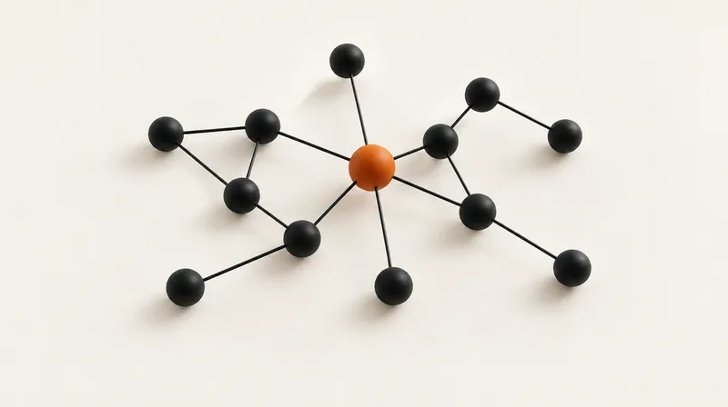 Network of connected black spheres around an orange hub