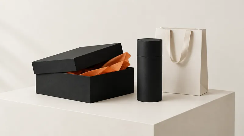 Matching black and off-white packaging with orange tissue paper